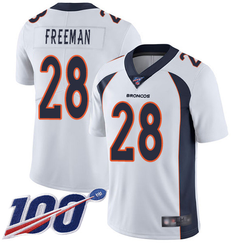 Men Denver Broncos 28 Royce Freeman White Vapor Untouchable Limited Player 100th Season Football NFL Jersey